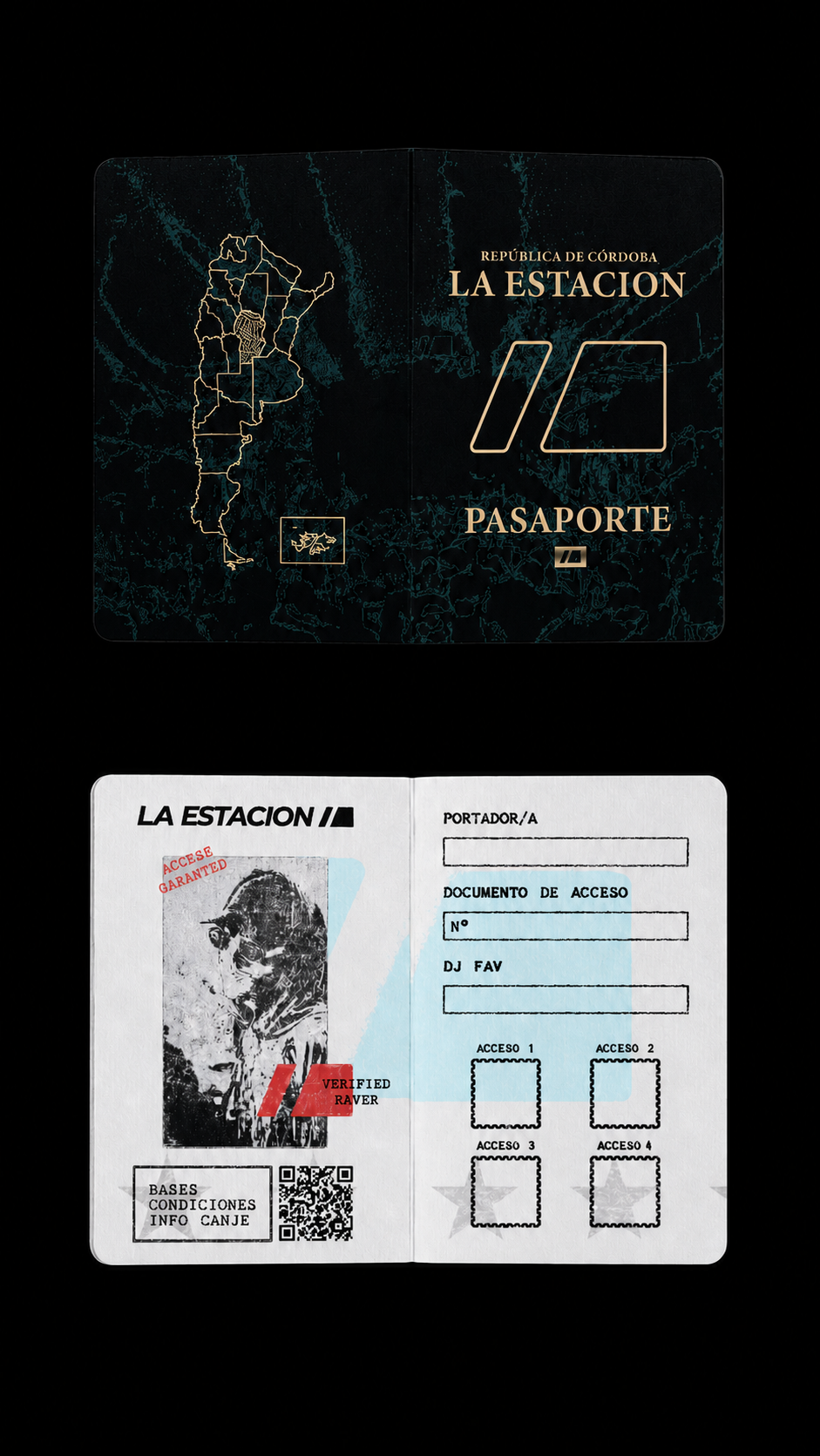 Pasaporte La Estación — documento físico abierto, sellado